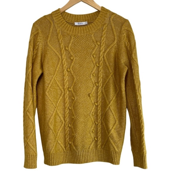 Rickis Popcorn Cable Knit Sweater Mustard Yellow Pullover Long Sleeve Crewneck M - Picture 11 of 11